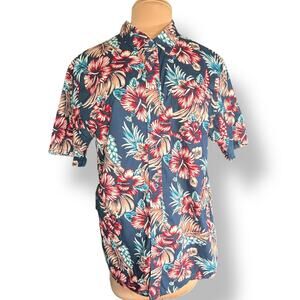 Vans Men’s Hawaiian Printed Shirt Red Blue Floral Short Sleeve Button Up Cotton